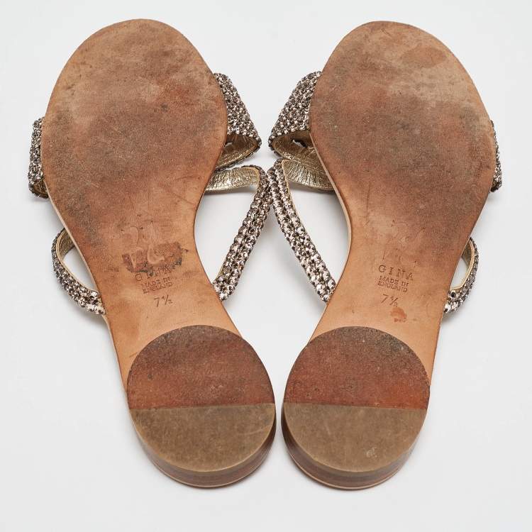 مملوكة مسبقًا Gina Pink Crystal Embellished Leather Flat Slides Size 40.5 