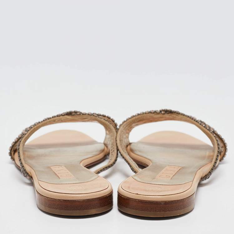 مملوكة مسبقًا Gina Pink Crystal Embellished Leather Flat Slides Size 40.5 