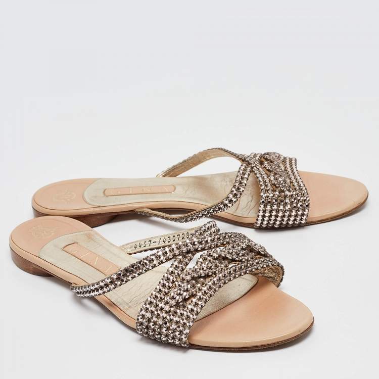 مملوكة مسبقًا Gina Pink Crystal Embellished Leather Flat Slides Size 40.5 