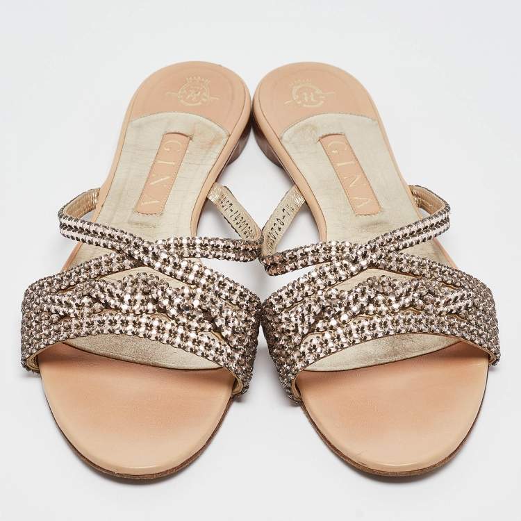 مملوكة مسبقًا Gina Pink Crystal Embellished Leather Flat Slides Size 40.5 