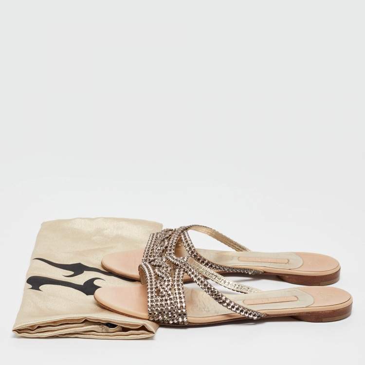 مملوكة مسبقًا Gina Pink Crystal Embellished Leather Flat Slides Size 40.5 