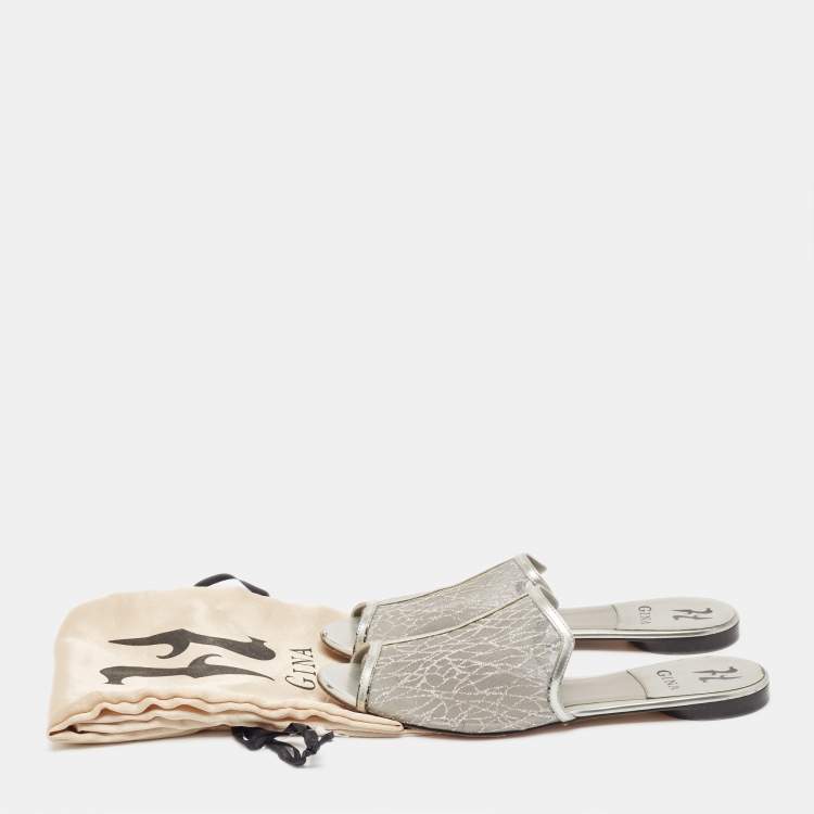 Pre Owned Gina Metallic Grey Glitter Mesh Flat Slides Size 40.5