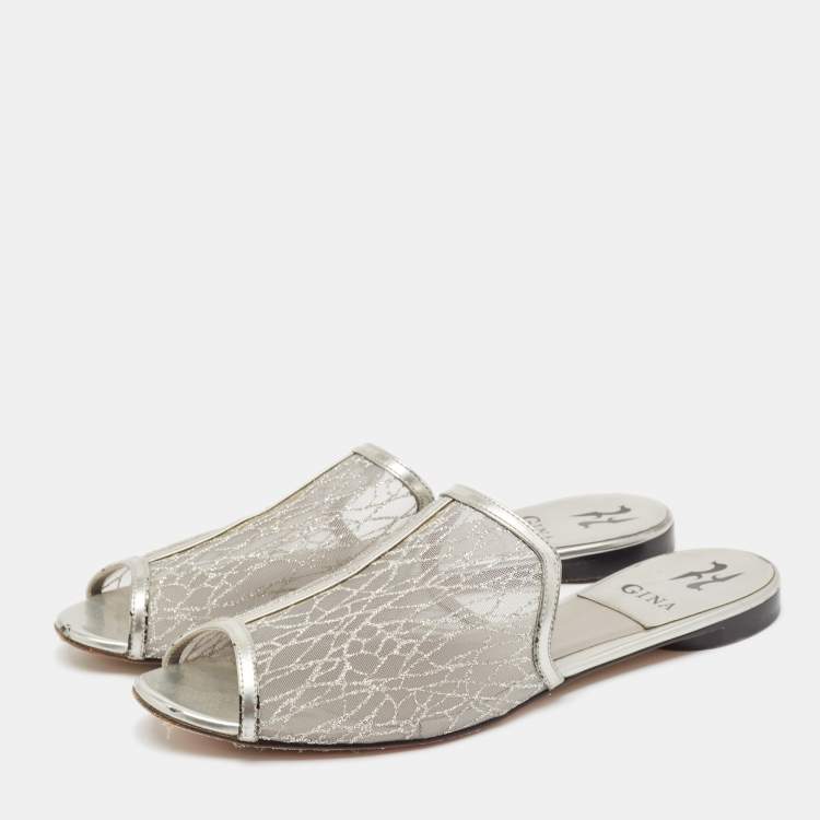Pre Owned Gina Metallic Grey Glitter Mesh Flat Slides Size 40.5