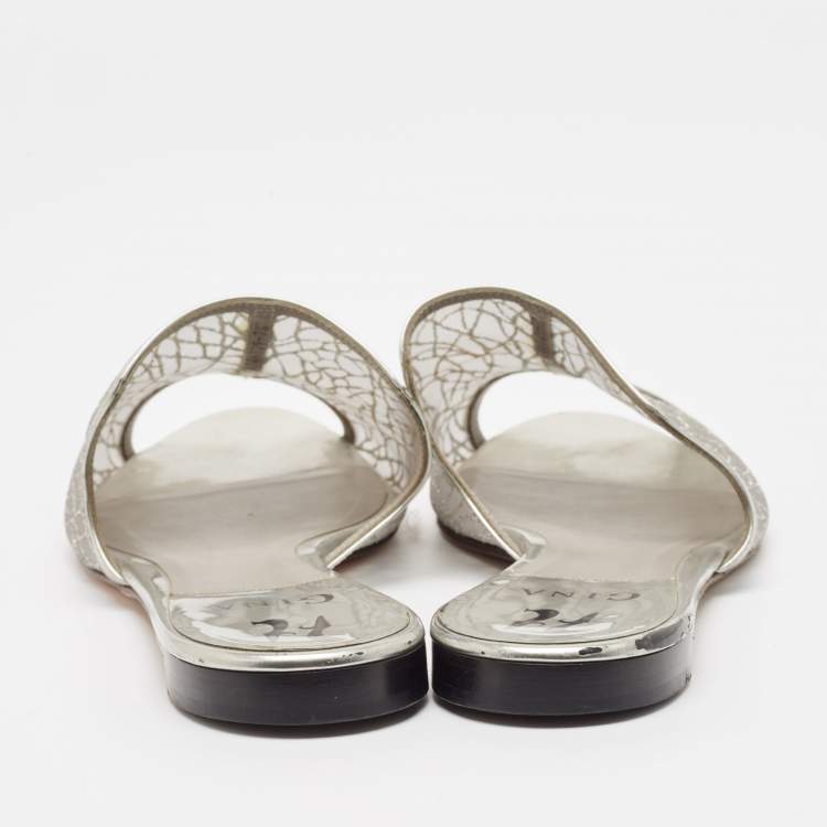 Pre Owned Gina Metallic Grey Glitter Mesh Flat Slides Size 40.5