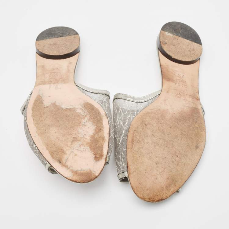 Pre Owned Gina Metallic Grey Glitter Mesh Flat Slides Size 40.5