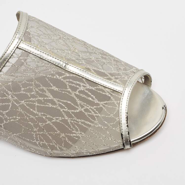 Pre Owned Gina Metallic Grey Glitter Mesh Flat Slides Size 40.5