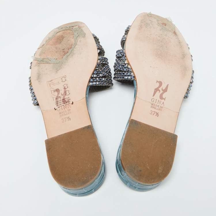 Pre Owned Gina Blue Croc Embossed Patent Leather Slide Sandals Size 37.5