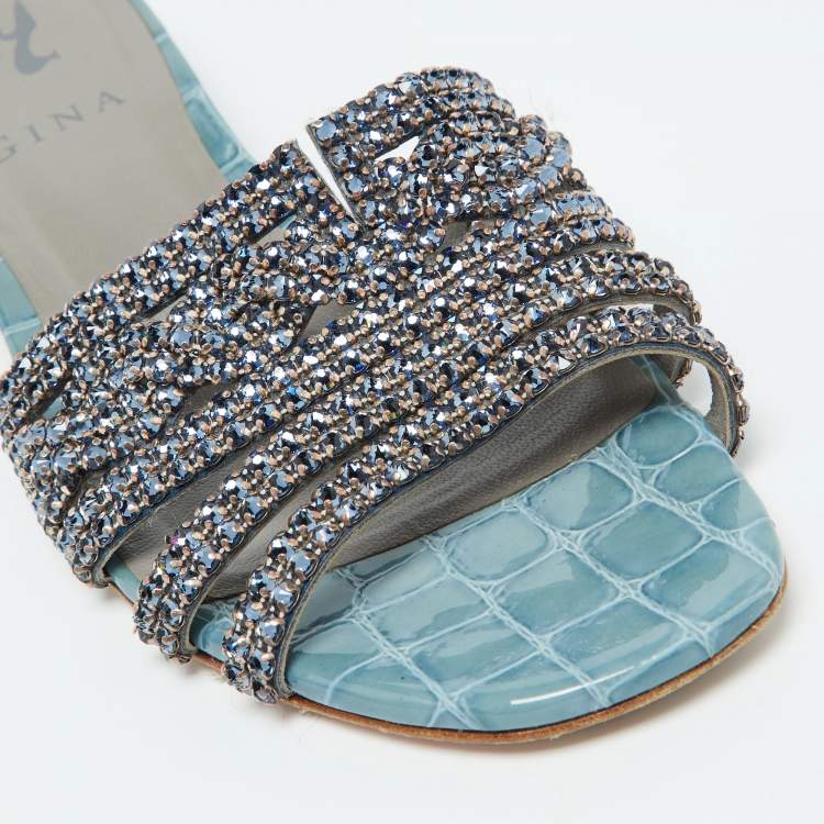 Pre Owned Gina Blue Croc Embossed Patent Leather Slide Sandals Size 37.5