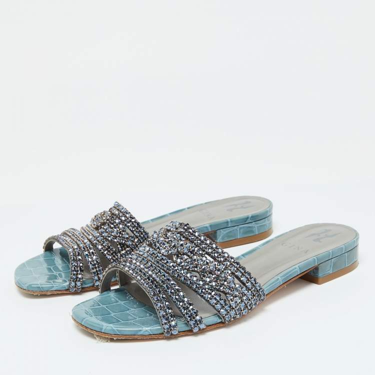 Pre Owned Gina Blue Croc Embossed Patent Leather Slide Sandals Size 37.5