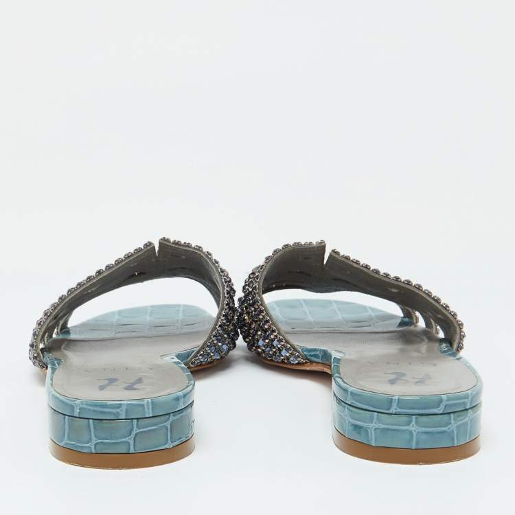 Pre Owned Gina Blue Croc Embossed Patent Leather Slide Sandals Size 37.5