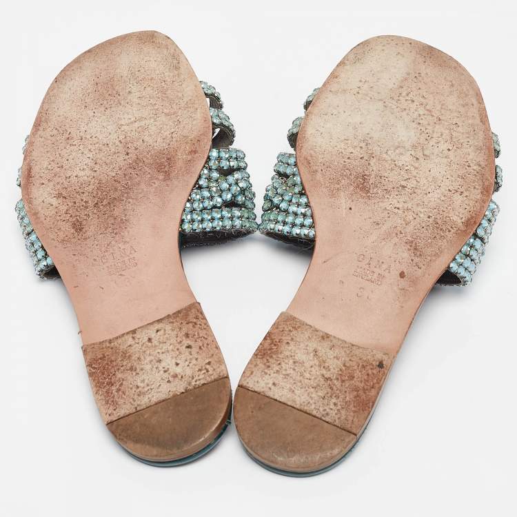 Pre Owned Gina Green Leather and Patent Crystal Embellished Flat Slides Size 36