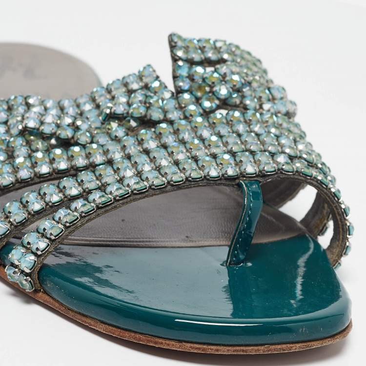Pre Owned Gina Green Leather and Patent Crystal Embellished Flat Slides Size 36