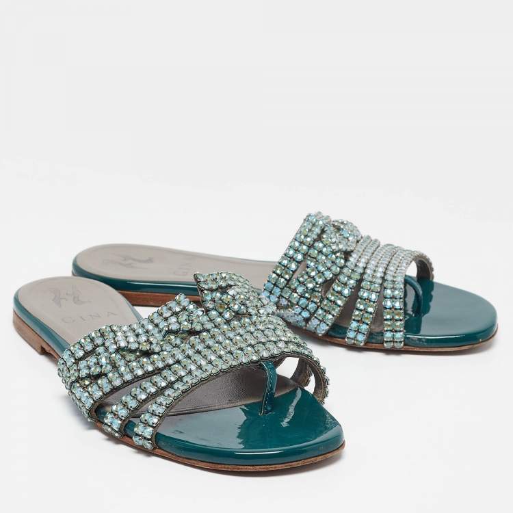 Pre Owned Gina Green Leather and Patent Crystal Embellished Flat Slides Size 36