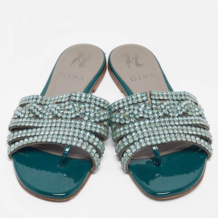Pre Owned Gina Green Leather and Patent Crystal Embellished Flat Slides Size 36