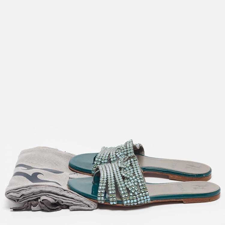 Pre Owned Gina Green Leather and Patent Crystal Embellished Flat Slides Size 36
