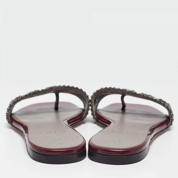 Pre Owned Gina Burgundy Leather Athena Flat Slides Size 36.5