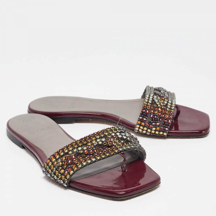 Pre Owned Gina Burgundy Leather Athena Flat Slides Size 36.5