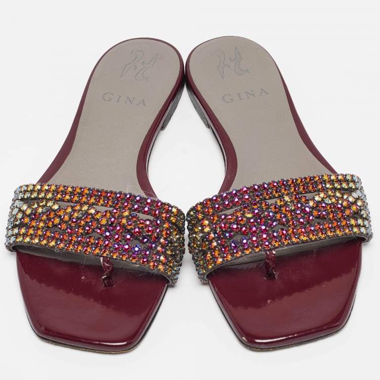 Pre Owned Gina Burgundy Leather Athena Flat Slides Size 36.5