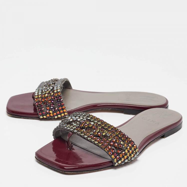 Pre Owned Gina Burgundy Leather Athena Flat Slides Size 36.5