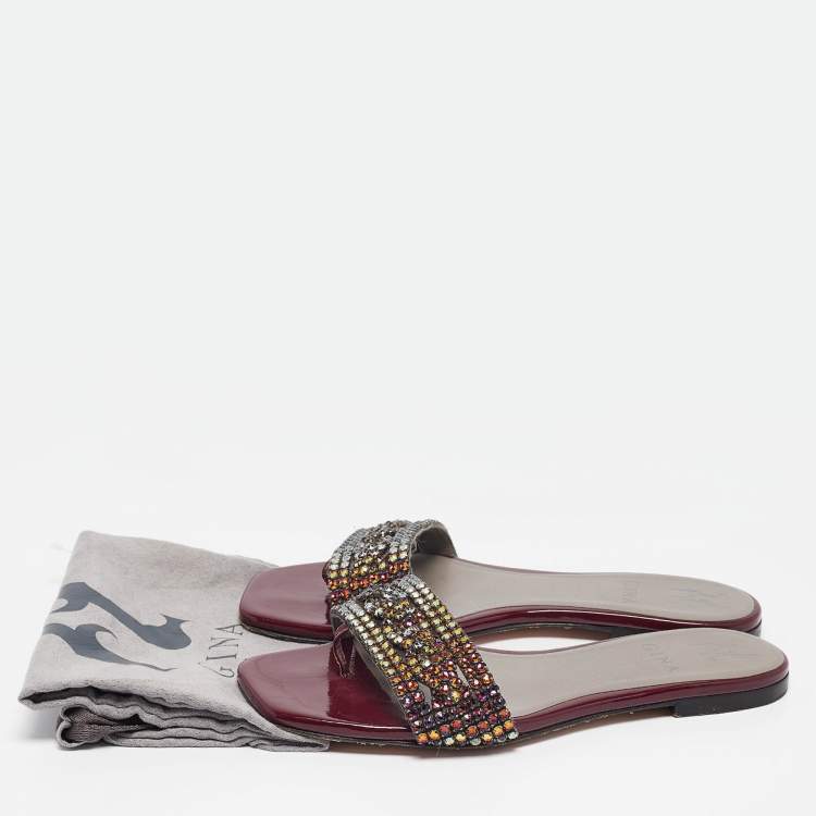 Pre Owned Gina Burgundy Leather Athena Flat Slides Size 36.5