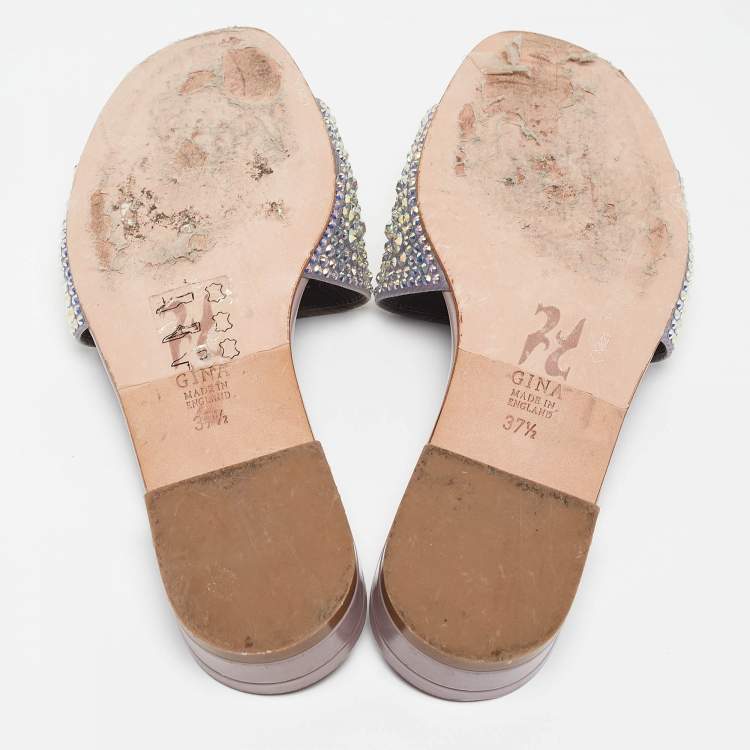 Pre Owned Gina Grey/Purple Leather Crystal Embellished Flat Slides Size 37.5