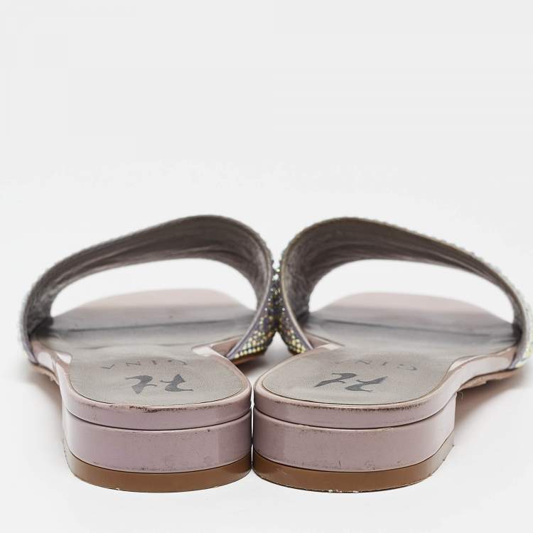 Pre Owned Gina Grey/Purple Leather Crystal Embellished Flat Slides Size 37.5