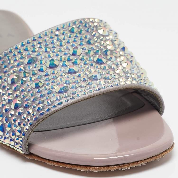 Pre Owned Gina Grey/Purple Leather Crystal Embellished Flat Slides Size 37.5