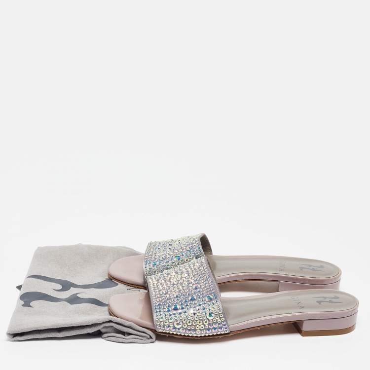 Pre Owned Gina Grey/Purple Leather Crystal Embellished Flat Slides Size 37.5