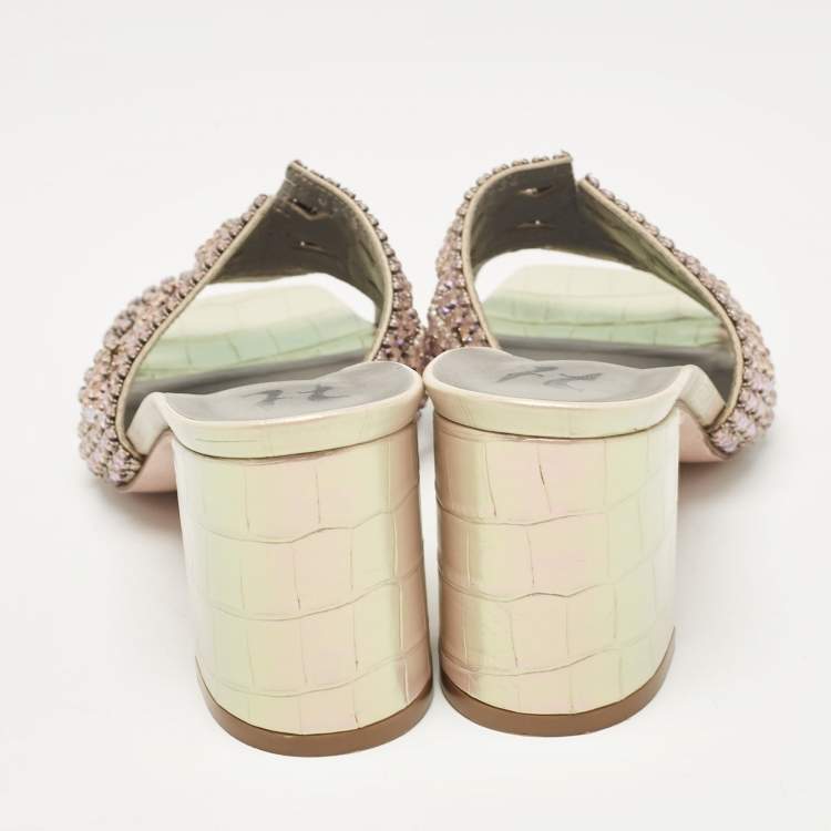 Pre Owned Gina Pink Crystal Embellished Leather Slide Sandals Size 36