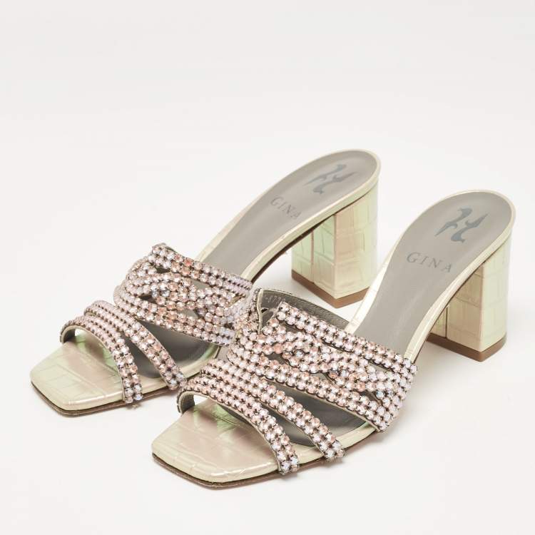 Pre Owned Gina Pink Crystal Embellished Leather Slide Sandals Size 36