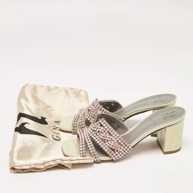 Pre Owned Gina Pink Crystal Embellished Leather Slide Sandals Size 36