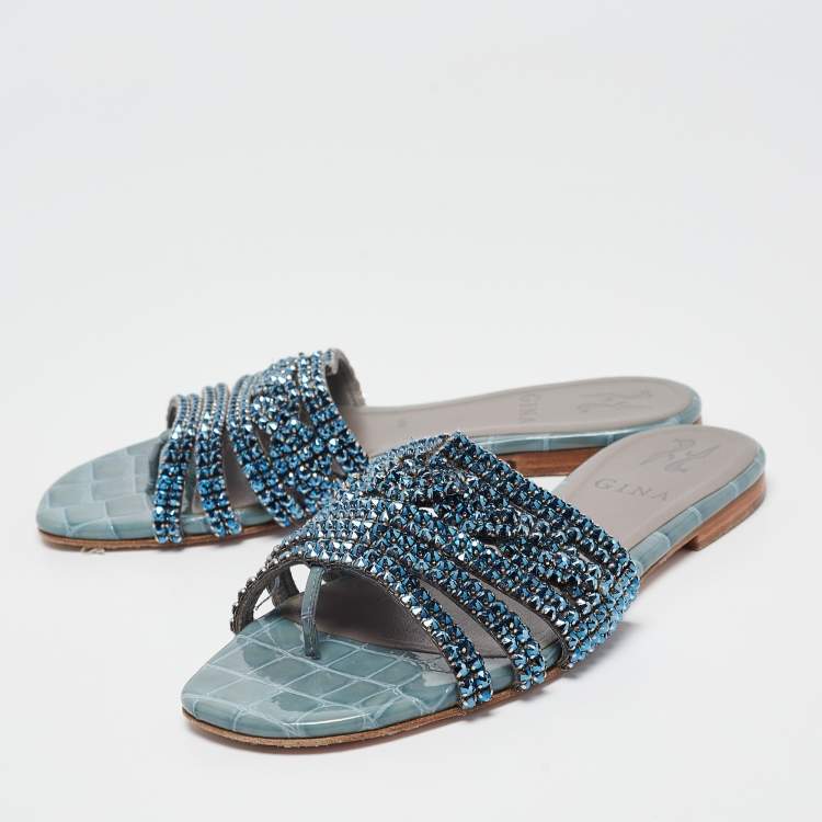 Pre Owned Gina Blue Crystal Embellished Leather Flat Slides Size 37