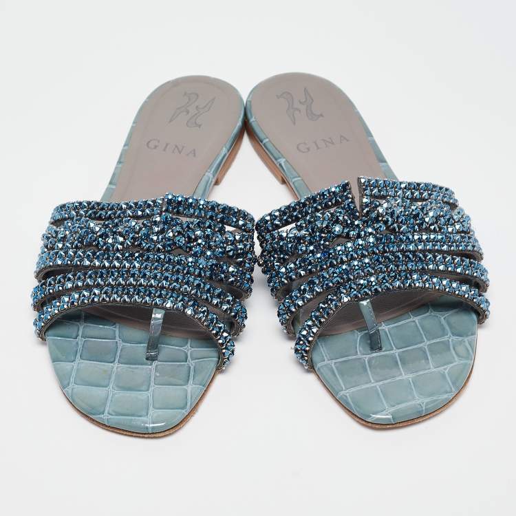 Pre Owned Gina Blue Crystal Embellished Leather Flat Slides Size 37