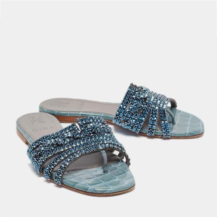 Pre Owned Gina Blue Crystal Embellished Leather Flat Slides Size 37