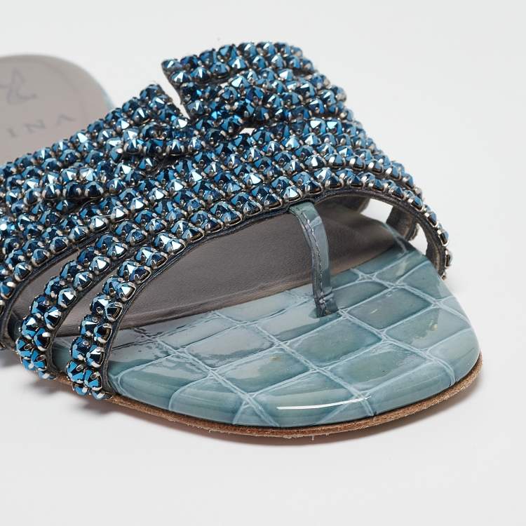 Pre Owned Gina Blue Crystal Embellished Leather Flat Slides Size 37