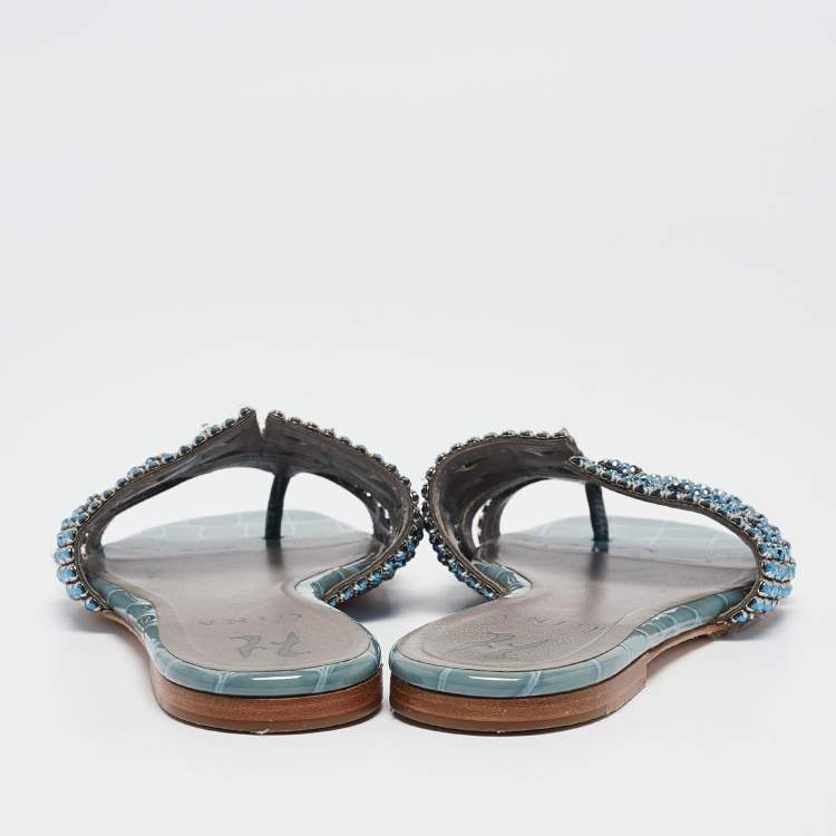 Pre Owned Gina Blue Crystal Embellished Leather Flat Slides Size 37