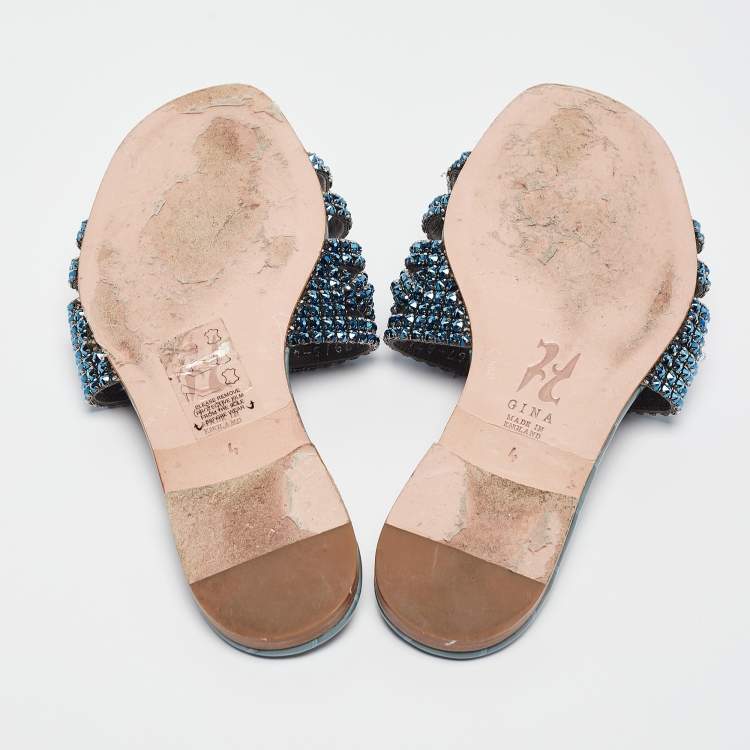 Pre Owned Gina Blue Crystal Embellished Leather Flat Slides Size 37