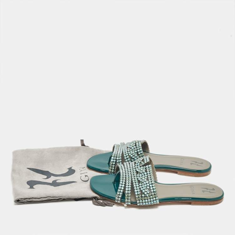 Pre Owned Gina Blue Crystal Embellished Leather Thong Flat Slides Size 39