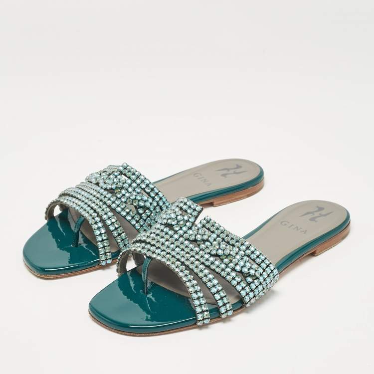 Pre Owned Gina Blue Crystal Embellished Leather Thong Flat Slides Size 39