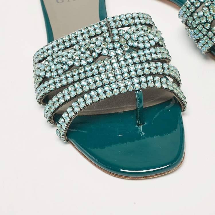 Pre Owned Gina Blue Crystal Embellished Leather Thong Flat Slides Size 39