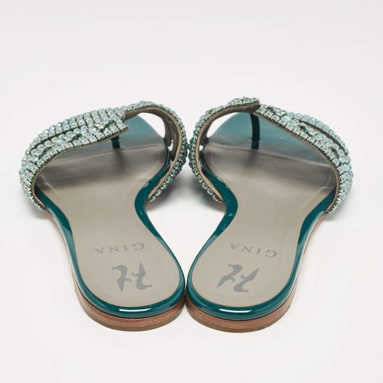 Pre Owned Gina Blue Crystal Embellished Leather Thong Flat Slides Size 39