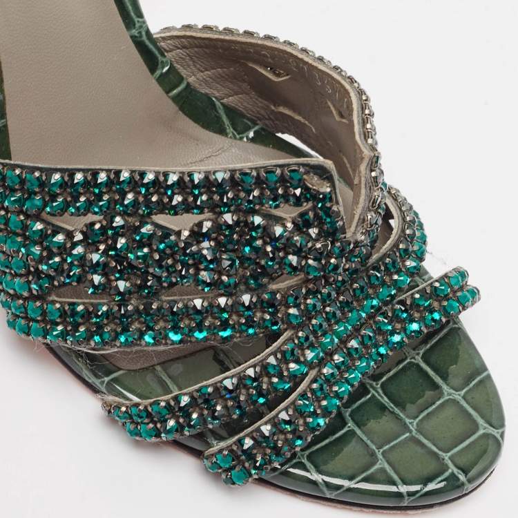 Pre Owned Gina Green Croc Embossed Leather Slide Sandals Size 39