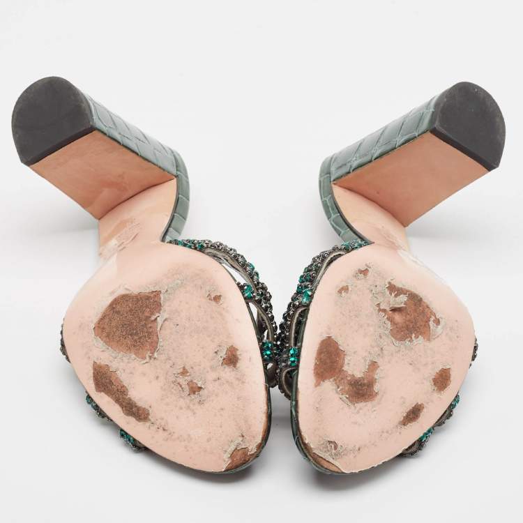 Pre Owned Gina Green Croc Embossed Leather Slide Sandals Size 39