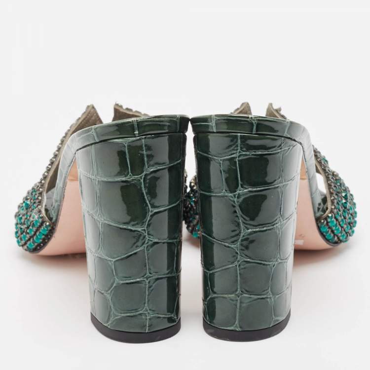 Pre Owned Gina Green Croc Embossed Leather Slide Sandals Size 39