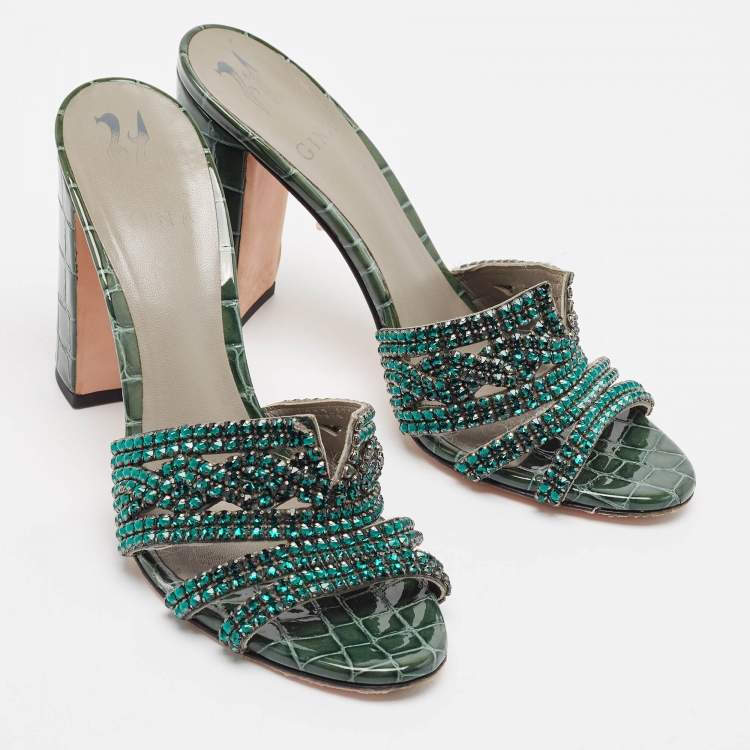 Pre Owned Gina Green Croc Embossed Leather Slide Sandals Size 39