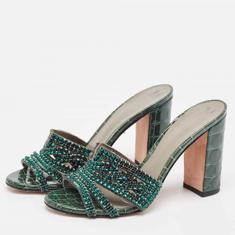 Pre Owned Gina Green Croc Embossed Leather Slide Sandals Size 39