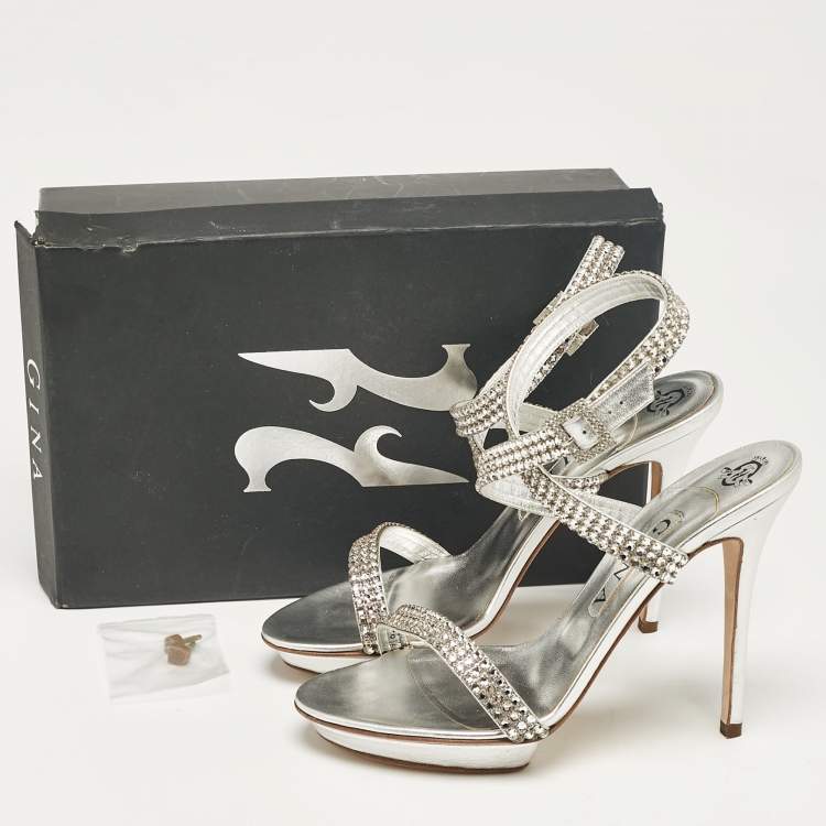 Pre Owned Gina Silver Leather Ankle Strap Sandals 39.5