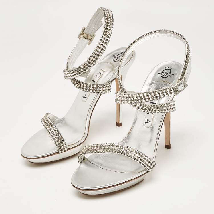 Pre Owned Gina Silver Leather Ankle Strap Sandals 39.5