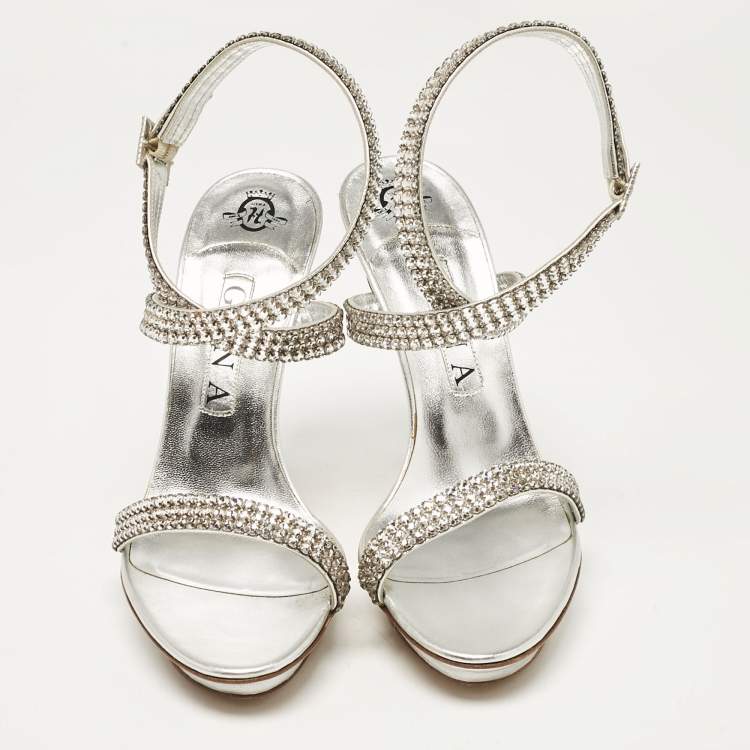 Pre Owned Gina Silver Leather Ankle Strap Sandals 39.5