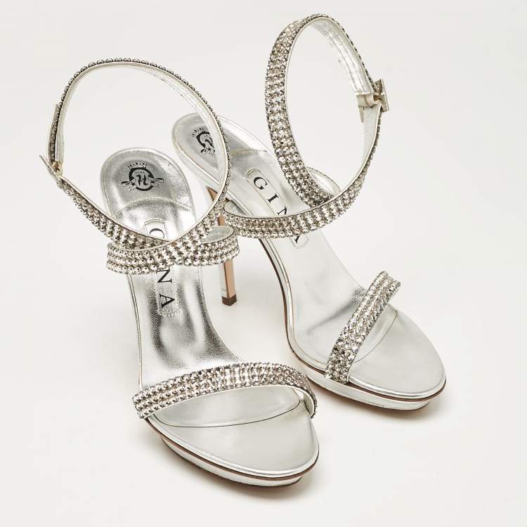 Pre Owned Gina Silver Leather Ankle Strap Sandals 39.5